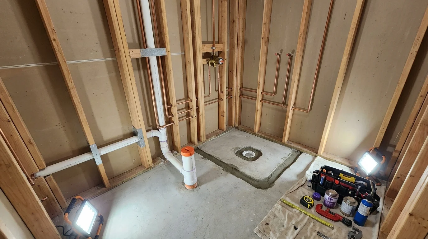 Bathroom rough-in plumbing during remodel by Johns Plumbing LLC in Caddo Mills