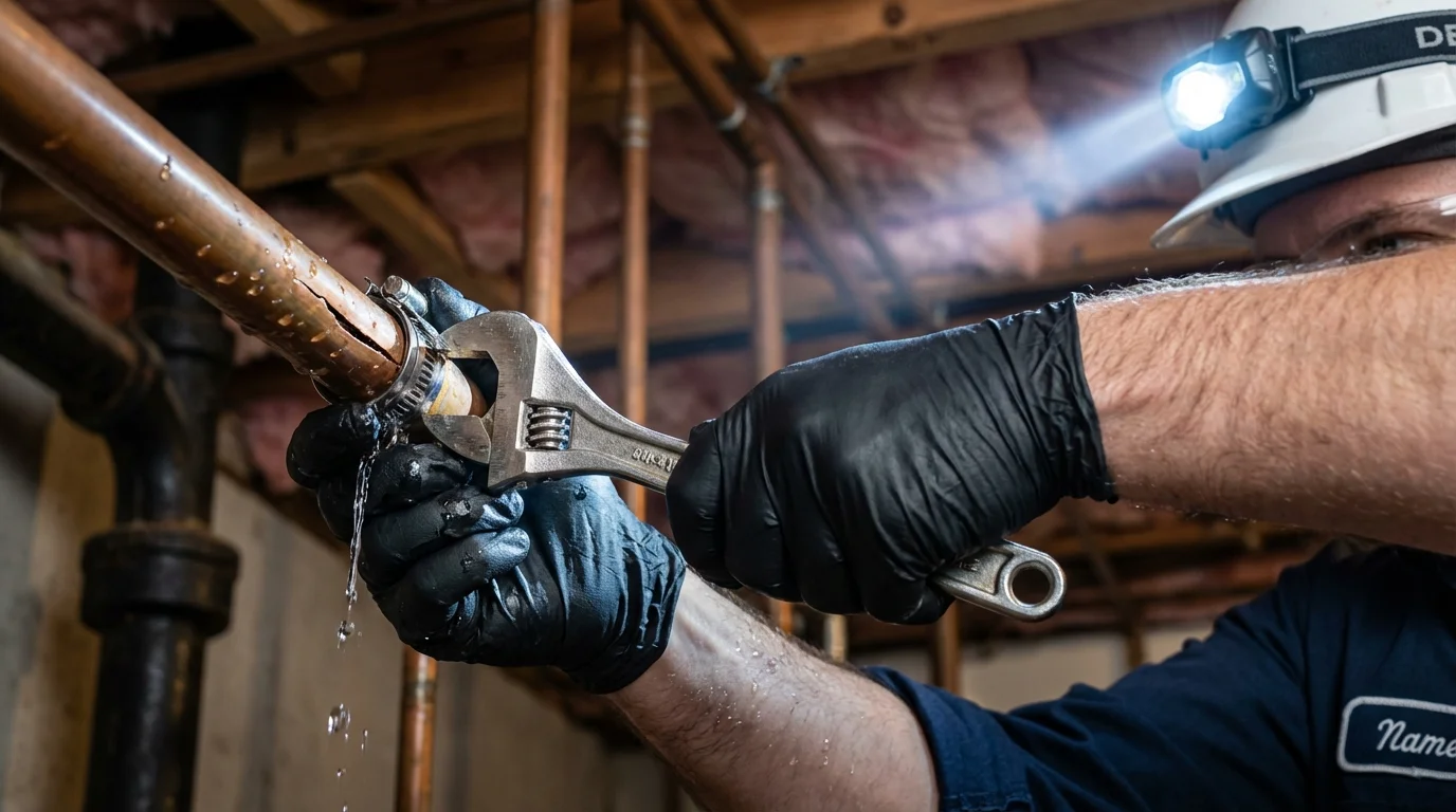 Emergency pipe clamp repair being performed by a Johns Plumbing LLC plumber in Caddo Mills
