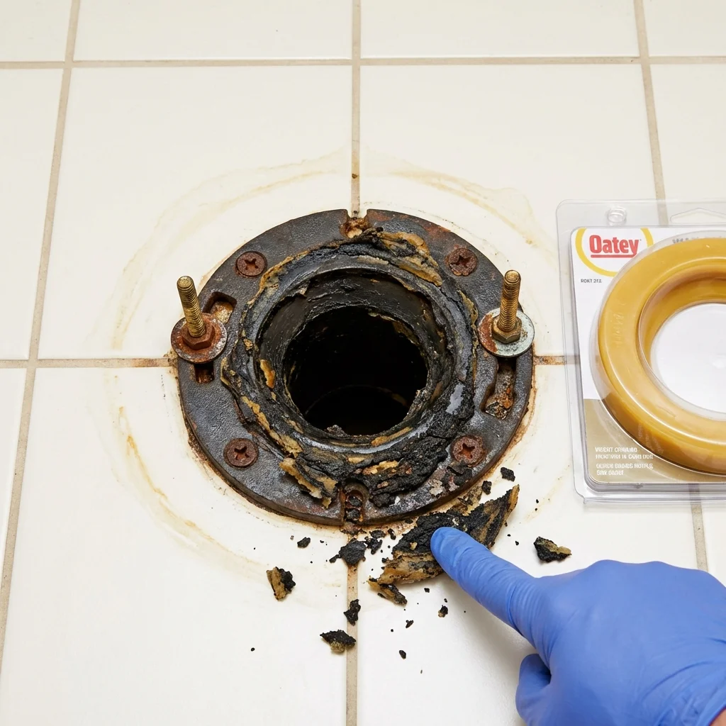 Failed wax ring showing water seepage at the base of a toilet in a Caddo Mills, TX home