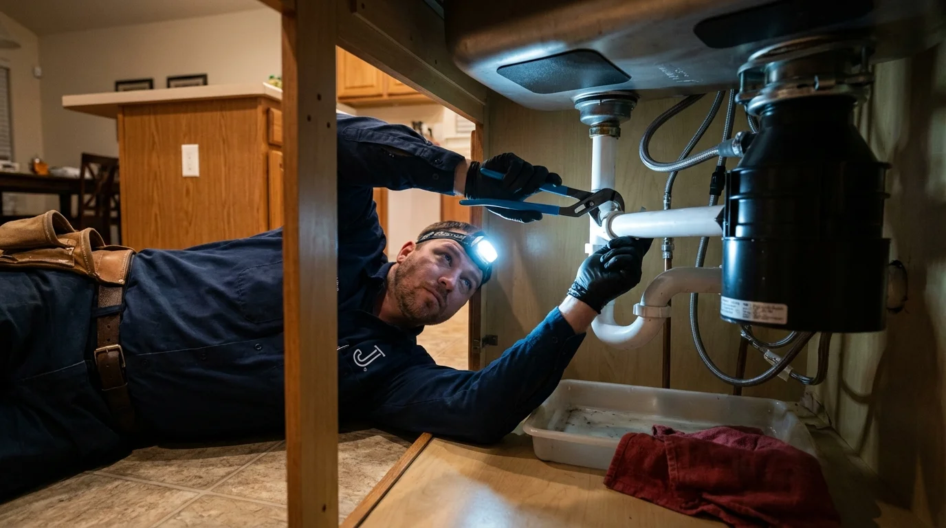 P-trap and supply line connections under a kitchen sink showing a common leak point in Caddo Mills, TX